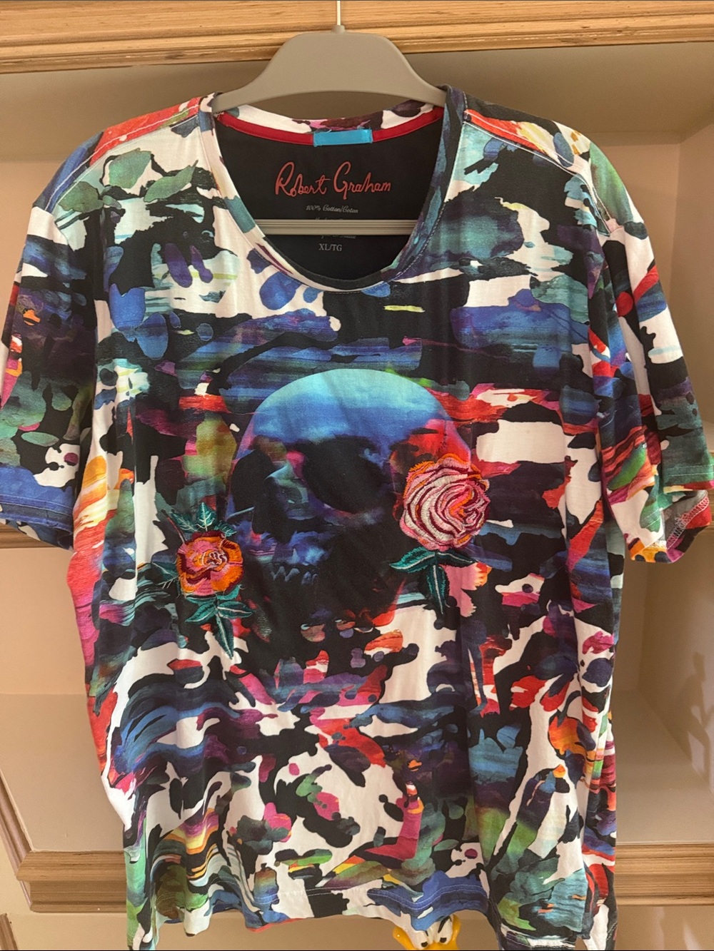 Robert Graham Multicolor Skull & Rose Graphic Tee with Blue Accents